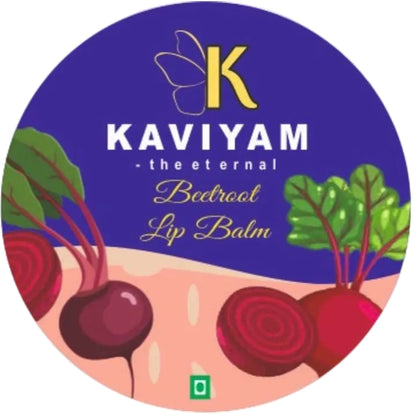 Kaviyam beetroot lip balm packaging with branding and product illustration